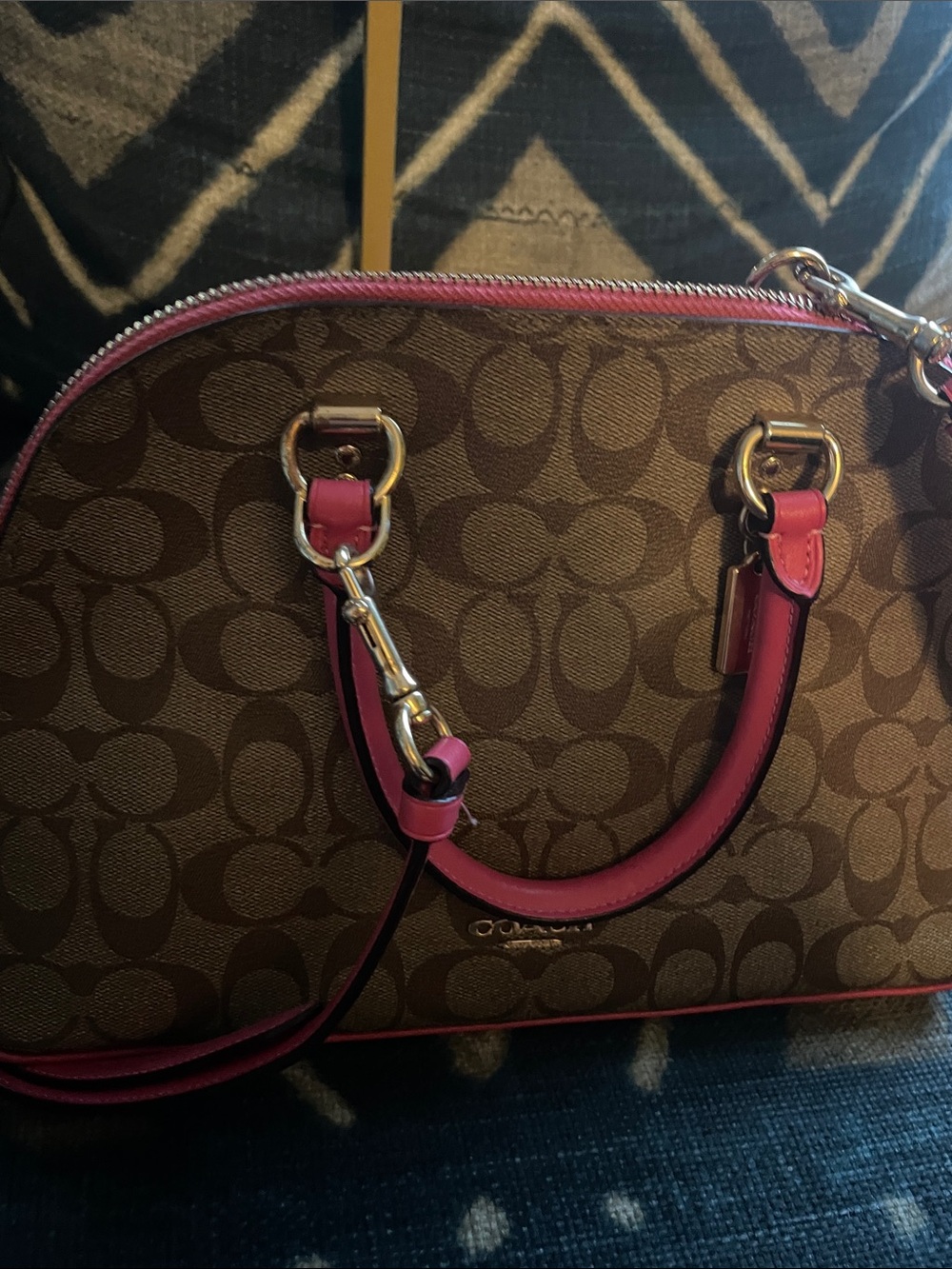 Coach Brown Signature Satchel with Pink Trim and Strap - Picture 4 of 11